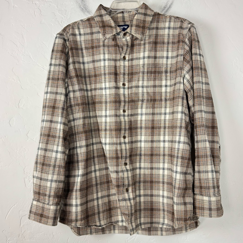 Lands End Shirt‎ Knit Top Flannel Button Down Plaid Print Flagship Traditional